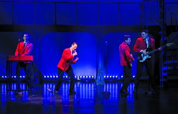 The cast of the musical “Jersey Boys” plays a Frankie Valli classic during a recent Mountain Theatre Company performance.