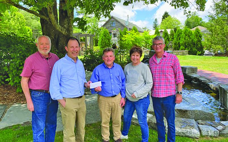 Highlands Festivals, Inc. board members present a check to Friends of Founders Park President, Hank Ross for the benefit of Founders Park. Pictured are Steve Mehder, David Bock, Hank Ross, Debi Bock, and Jack Austin.