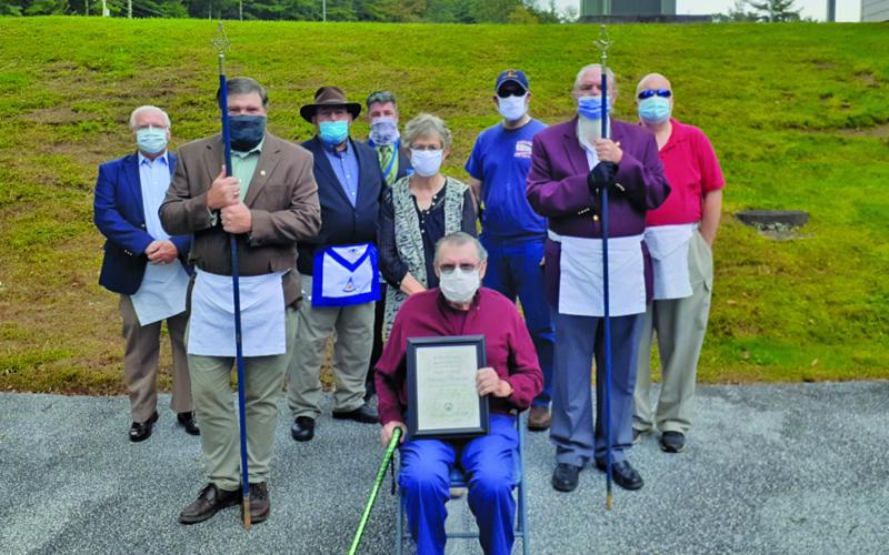 Jimmy Lowe, of Highlands, accompanied by his wife Nancy and his Blue Ridge Lodge 435 brethren, received his 50 years of service award as a veteran and Freemason during a recent ceremony at Zachary Park.