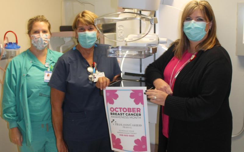 Photo by Christopher Smith/STaff Pictured left to right: Jami Fletcher, Meg Ham RT, R, M, CT and Lori Smith, MBA, RT (R) RDMS, RDCS, RVT, Regional Manager Radiology/Imaging, in front of the new 3D mammography machine at Highlands-Cashiers Hospital.