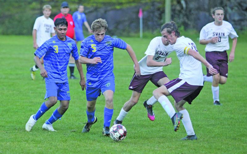 Photo by Christopher Smith/Staff Nathan Keener dribbles the ball against Swain this season.