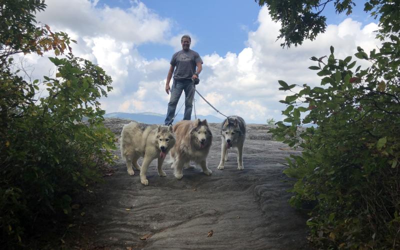 CHHS executive director David Stroud with his three senior dogs Hemi, 12, Max, 13, and Sabre, 14, at Sunset Rock.
