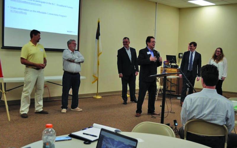 Photo by Mia Overton/The Franklin Press Mark Pless, Mike Clampitt, Kevin Corbin, Karl Gillespie, Nate Denny, Angie Bailey at the Broadband meeting on Monday.