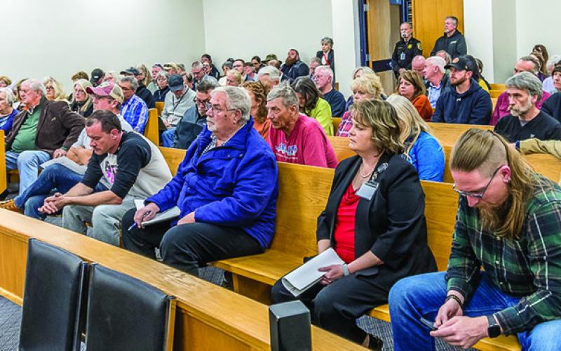 A large crowd assembled for public comment at the Macon County Board of Commissioners meeting on Tuesday.