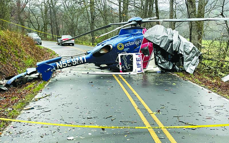 The Life Force 6 medical ambulance helicopter that crashed along Middle Burningtown Road on Thursday night.