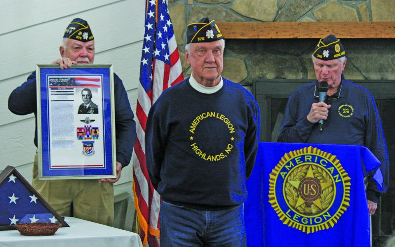 Photo by Ryan Hanchett/Staff American Legion Post 370 Commander Ed McCloskey (left) and Vietnam veteran Bob Trevathan (right) honored Keith Hall (center) for his service in Vietnam and his continued support of Post 370. Hall was a pilot shot down over Vietnam and spent five years as a prisoner of war.