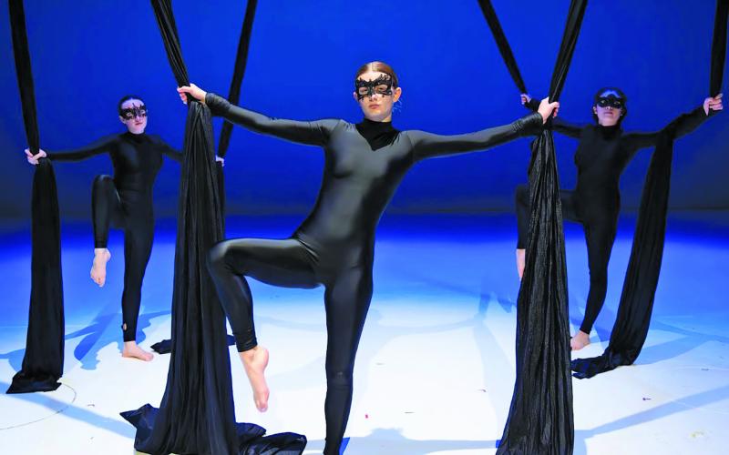 Aerialists MaKenna Bilbery, of Otto, Jasmine Abranyi, of Highlands, and Ivanna Zermeno, of Santiago, Mexico in Rabun Gap-Nacoochee School’s production of “Cirque Synthetica.”