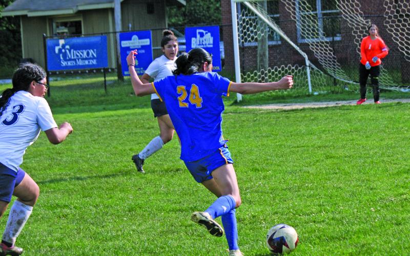 Highlands sophomore Isabel Ramos fired a shot that became a goal against the Tri-County Lady Jaguars on Wednesday, May 8. The Lady Highlanders won 6-0.