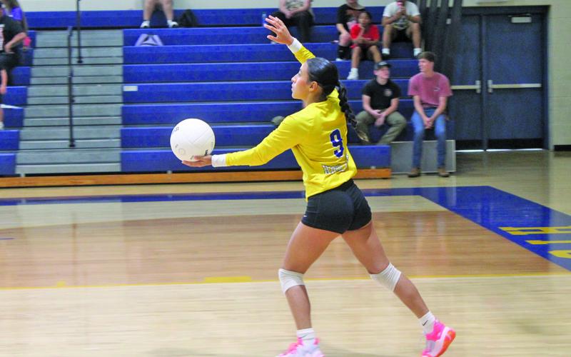 Highlands’ Karen Gomez delivers a serve during the Lady Highlanders opening match.