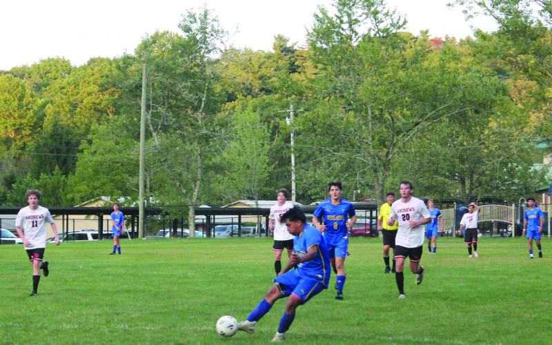 Highlanders junior Bryan Jarquin delivers a shot on goal at the home game Monday night, which found the back of the net and added to his team’s lead.