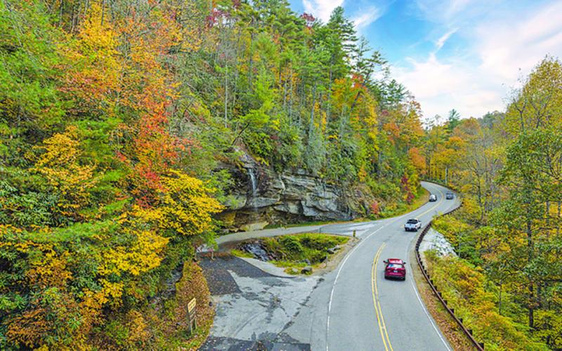 A past leaf season pictured at Bridal Veil Falls near Highlands.