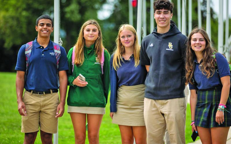 Rabun Gap seniors Jeremiah Griffiths, of Canada, Sonya Tretiakov, of Cashiers, Zuri Renken, of Dillard, Leo Yoshioka, of Brazil, and Katie Barta, of Franklin, on the first day of class.