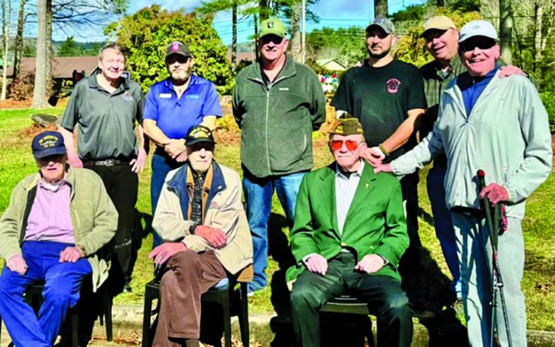 Pictured during the Micas Restaurant and Pub veterans recognition ceremony are: Front Row:  Jim Ryan (WW2 Navy), Russ Yankow (WW2 Navy), Gen. Oliver Peacock, and Bob Geyer, Micas co-owner. Back Row:  Tim Berry, Gary Wilson, Bill Drake, Matthew Ansari, and Mike Quillen Micas co-owner.