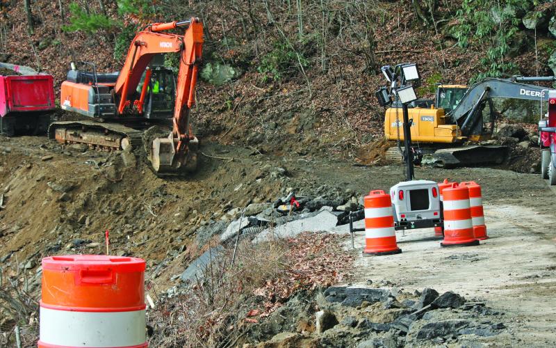 A crew from Bryson Grading and Paving is working to rebuild NC106 near the Blue Valley Overlook. The roadbed was compromised during heavy rains brought on by Hurricane Helene in September. Work is expected to continue through the end of the year.