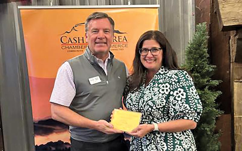 Cashiers Area Chamber Board President Ashton Harris and Educator of the Year Andrea Chalker.