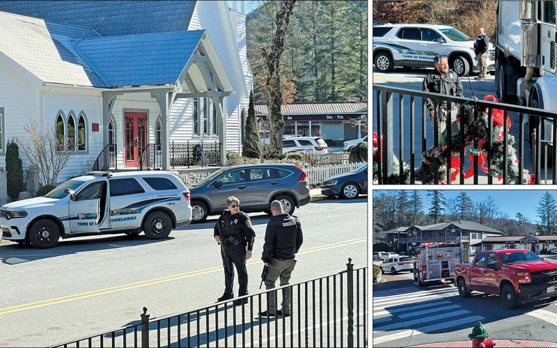 The Highlands Police Department, Macon County Sheriff’s Department and Highlands Fire and Rescue respond to the swatting incident at the Church of the Incarnation on Dec. 11.