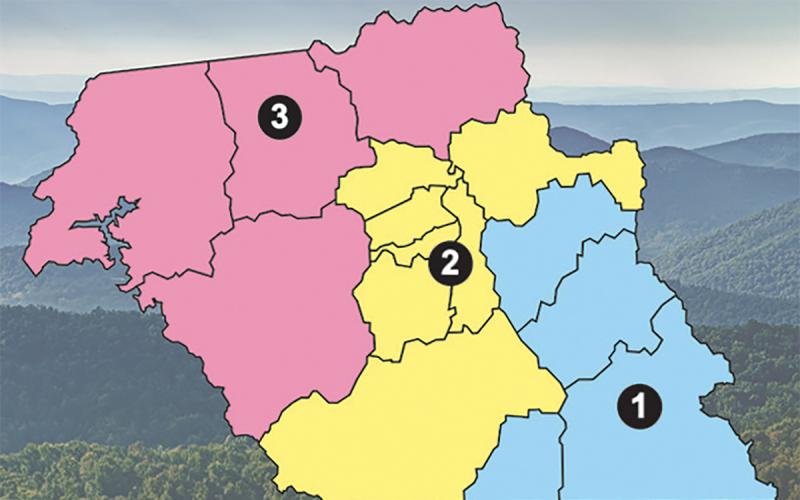 Macon County’s current voting districts with the Board of Commissioners made up of one representative each from District 1 and District 3 and three representatives from District 2.