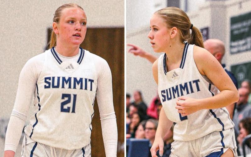 (Left) Sophomore Victoria Clement catches her breath in a home matchup. (Right) Senior Emma Reeves gets open for a pass beyond the arc at her home court.  |  Photos courtesy of Jackson Dauble