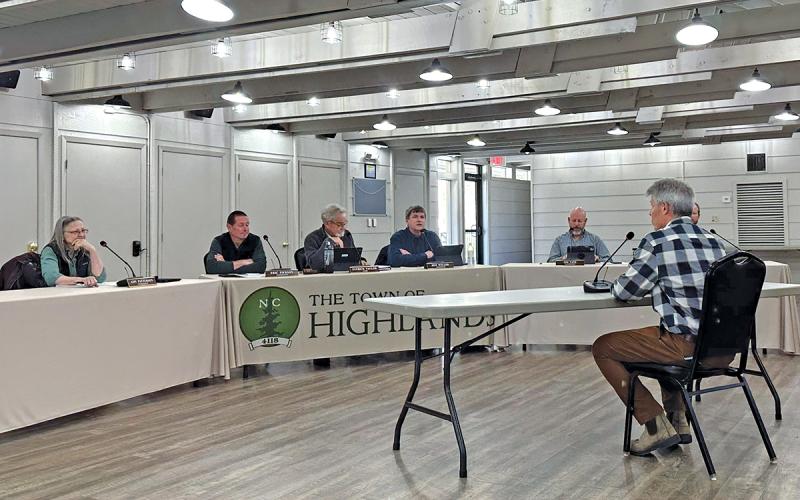 The Town of Highlands Board of Commissioners interviews Bill Grubb during the March 12 special meeting, asking questions about the Unified Development Ordinance and his vision for a multigenerational strategy.