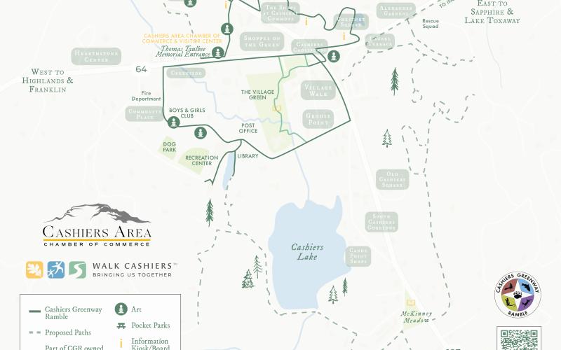 This map shows the existing and proposed trail network of the Cashiers Greenway Ramble, connecting parks, businesses, community gathering spaces and other destinations throughout Cashiers while promoting walkability and outdoor recreation.