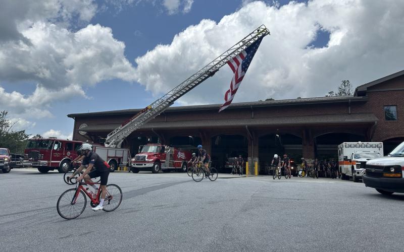 Carolina Brotherhood bikers take off from Highlands Fire and Rescue en route to Franklin on their Thursday route encompassing 65.6 miles. Photo by Mitch Stone