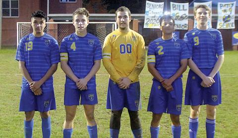 Highlands soccer seniors Carlos May-Gomez, Dillon Schmitt, Bill Miller, Pablo Jimenez and Patrick Woods were honored at Tuesday’s game against Hayesville.