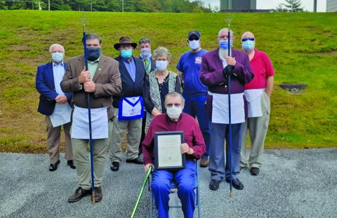 Jimmy Lowe, of Highlands, accompanied by his wife Nancy and his Blue Ridge Lodge 435 brethren, received his 50 years of service award as a veteran and Freemason during a recent ceremony at Zachary Park.