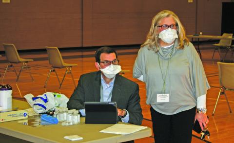 Highlands Rec Center served as the host site for the first round of public COVID-19 vaccinations in Highlands on Wednesday. Highlands-Cashiers Hospital CEO Tom Neal and vaccination clinic volunteer Robin Neal greeted the clinic’s first patients.