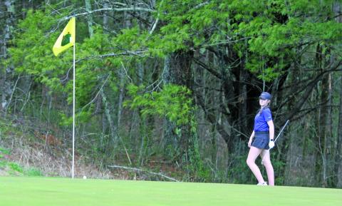 Anna Stiehler watches a chip shot roll towards the hole during a recent match at Sky Valley Country Club. Stiehler qualified for the NC High School Athletic Association 1-A/2-A golf state championship at Pinehurst.