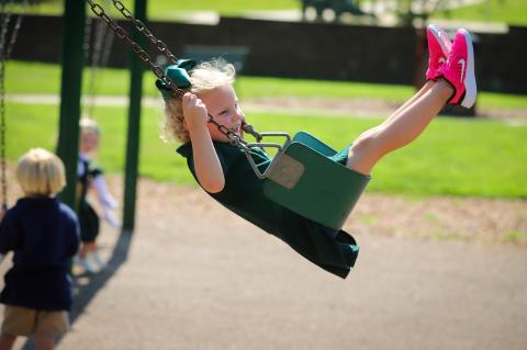 Rabun Gap-Nacoochee School welcomed the 2021-2022 school year on Aug. 25 and officially opened its Early Learning Center with PreK3. Pictured, PreK3 student Emery Selness, of Highlands, enjoys the playground.