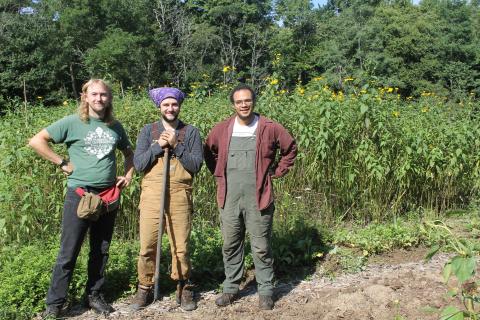 Photo by Christopher Smith/STaff Farm manager Joey Kyle with Tolvin Stiles and Cole Phelps at The Mountain. 