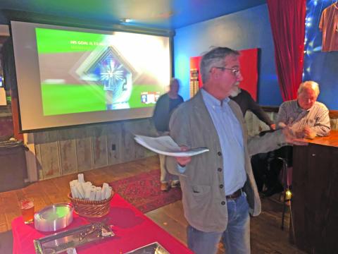 Photo by Christopher Smith/Staff Patrick Taylor giving a speech after winning the Highlands Mayoral race on Tuesday night. 