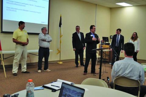 Photo by Mia Overton/The Franklin Press Mark Pless, Mike Clampitt, Kevin Corbin, Karl Gillespie, Nate Denny, Angie Bailey at the Broadband meeting on Monday.