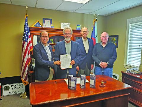 Submitted Photo Pictured are Kirk Dornbush, Past  President, Mountaintop Rotary Club of Highlands, Highlands Mayor Patrick Taylor, Michael Vavrek, President, Mountaintop Rotary Club of Highlands and Andy Walker, Secretary Elect, Mountaintop Rotary Club of Highlands.