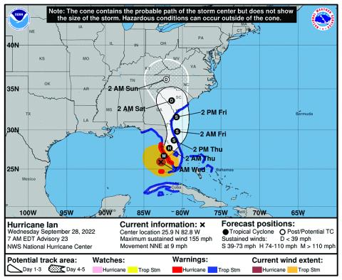 Hurricane Ian, a category four storm as of Wednesday, is expected to hit Florida directly before turning north and potentially impacting Western North Carolina over the coming weekend.