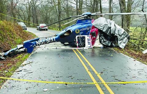 The Life Force 6 medical ambulance helicopter that crashed along Middle Burningtown Road on Thursday night.