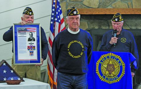 Photo by Ryan Hanchett/Staff American Legion Post 370 Commander Ed McCloskey (left) and Vietnam veteran Bob Trevathan (right) honored Keith Hall (center) for his service in Vietnam and his continued support of Post 370. Hall was a pilot shot down over Vietnam and spent five years as a prisoner of war.
