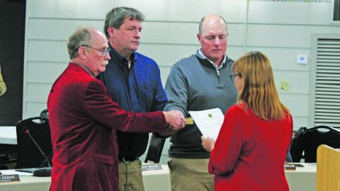 Recently elected Highlands town board members Brian Stiehler, John ‘Buz’ Dotson, and Jeff Weller were sworn in by Macon County Clerk of Court Shawna Lamb during the board’s monthly meeting on Thursday. 