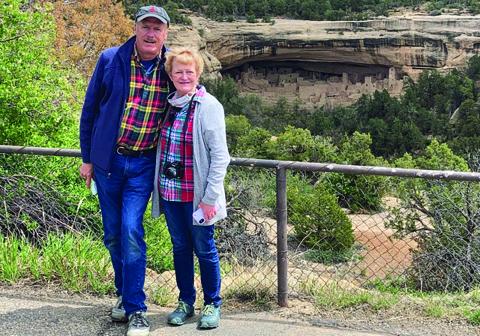 Steve and Janet Sweimler at Mesa Verde in Colorado, where they enjoyed learning about the communities the Ancestral Pueblo people built on the mesas and in the cliffs over a period of 700 years.
