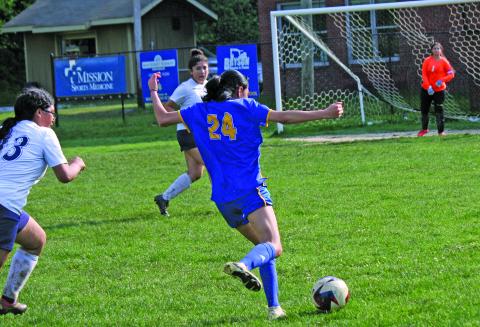 Highlands sophomore Isabel Ramos fired a shot that became a goal against the Tri-County Lady Jaguars on Wednesday, May 8. The Lady Highlanders won 6-0.