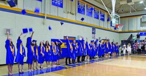 Highlands graduating class of 2024 tosses their caps at the end of Saturday’s commencement ceremony.