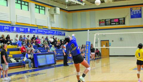 Lady Highlanders senior Mallory Shriver (8) serves the ball at the game against Murphy on Monday evening, Aug. 19.
