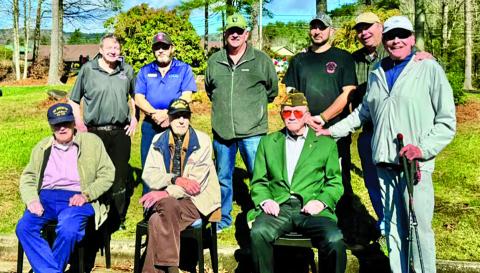 Pictured during the Micas Restaurant and Pub veterans recognition ceremony are: Front Row:  Jim Ryan (WW2 Navy), Russ Yankow (WW2 Navy), Gen. Oliver Peacock, and Bob Geyer, Micas co-owner. Back Row:  Tim Berry, Gary Wilson, Bill Drake, Matthew Ansari, and Mike Quillen Micas co-owner.