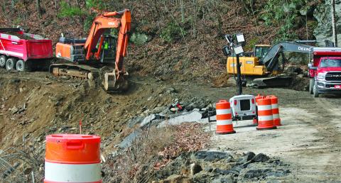 A crew from Bryson Grading and Paving is working to rebuild NC106 near the Blue Valley Overlook. The roadbed was compromised during heavy rains brought on by Hurricane Helene in September. Work is expected to continue through the end of the year.