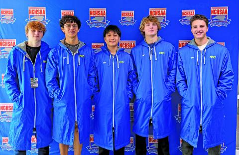 Highlands’ boys varsity swim team took part in the 1-A state swim meet in Cary on Saturday. The team consists of Jack Sumner, Paolo McRae, Jesus Mendoza, Finneaus Garner and Aniah McKim. They are coached by Steve Hott.
