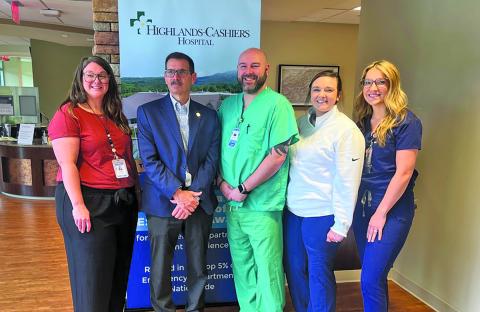 Nurses Morgan Martin, Kyleigh Watson, Jessica Galloway, and director of hospital operations Hollis Whitehead snap a photo with hospital CEO Tom Neal to kick off National Nurses Week festivities at Highlands-Cashiers Hospital. National Nurses Week runs May 6-12.