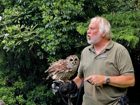 Carlton Burke showcases a Barred Owl to the audience.