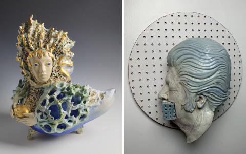 LEFT: “Guardian of New Beginnings” created by Natasha Dikareva using stoneware, stains, glazes, gold leaf. RIGHT: “Using Your Tool” created by Thaddeus Erdahl using ceramic, mixed media.