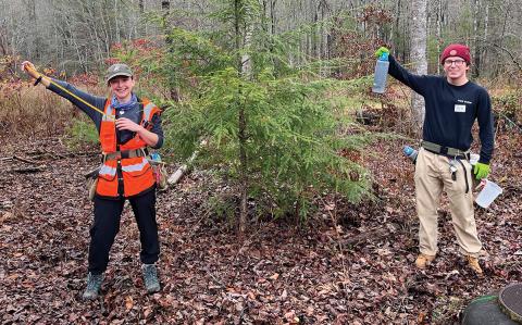 Ally Melrose, former Hemlock Restoration Initiative AmeriCorps Member, and Ben Duerr, Hemlock Restoration Initiative Volunteer.