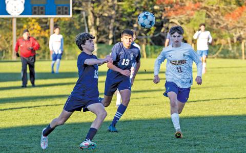 Summit Charter wrapped up the 2025 men’s soccer season with a senior day match against Highlands on Oct. 31. Pictured here are Josh Doerter (#12) and Alex Rodriguez (#13) from Summit, along with Rowan Carnes (#11) from Highlands. The Bears won the regular-season finale 4-2.  |  Todd Sumner